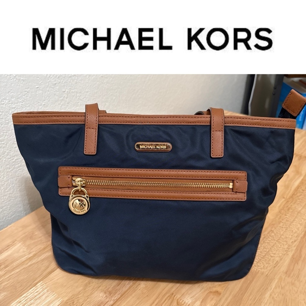 Michael Kors Kempton Nylon Satchel Tote Purse Shoulder Bag In Navy And Brown